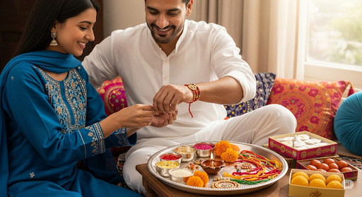 A joyful brother and sister celebrating Rakshabandhan, with the sister tying a Rakhi on the brother's wrist, and a calendar prominently displaying "August 9, 2025
